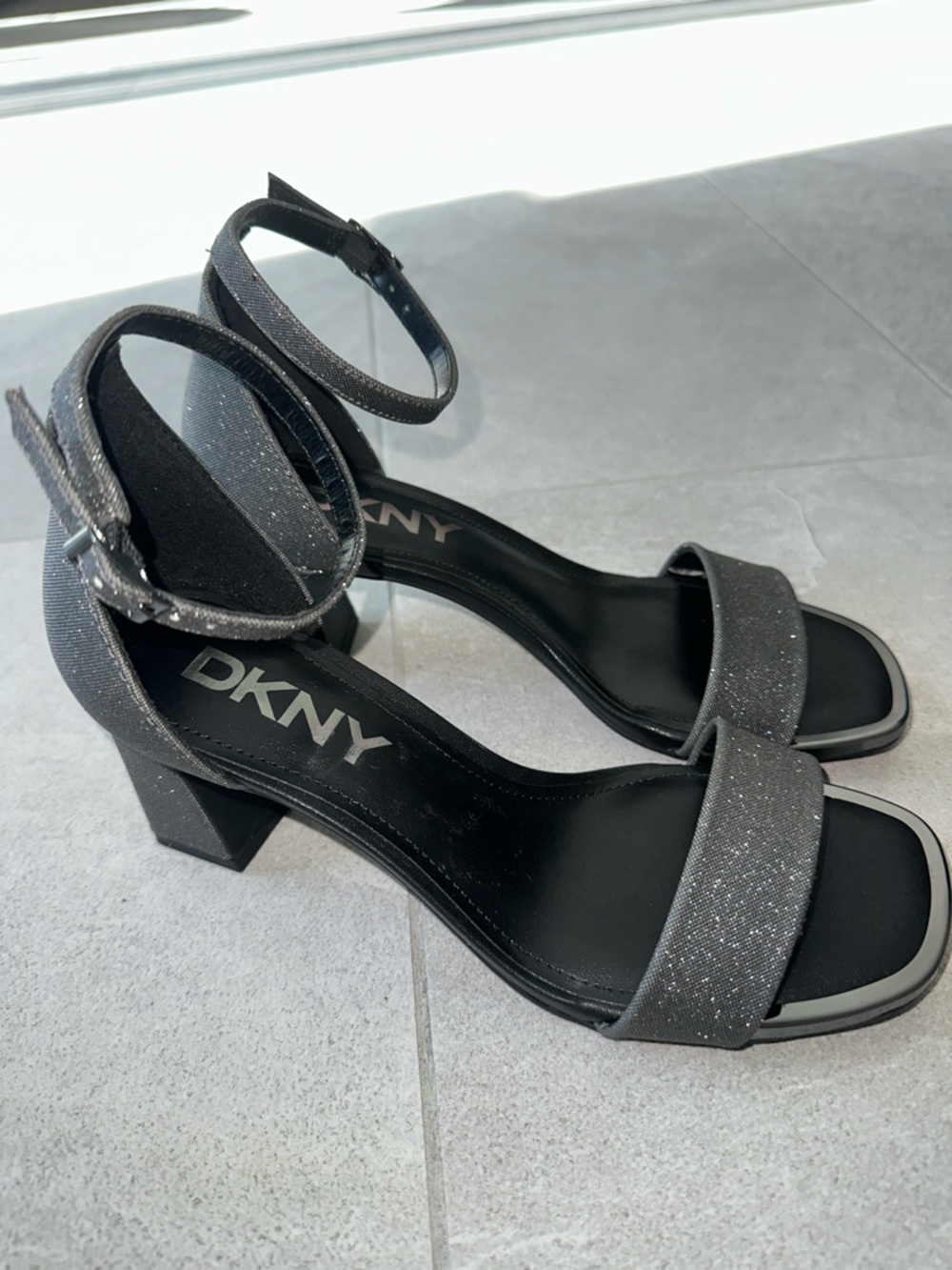 DKNY Black Glitter Ankle-Strap Block Heel Sandals